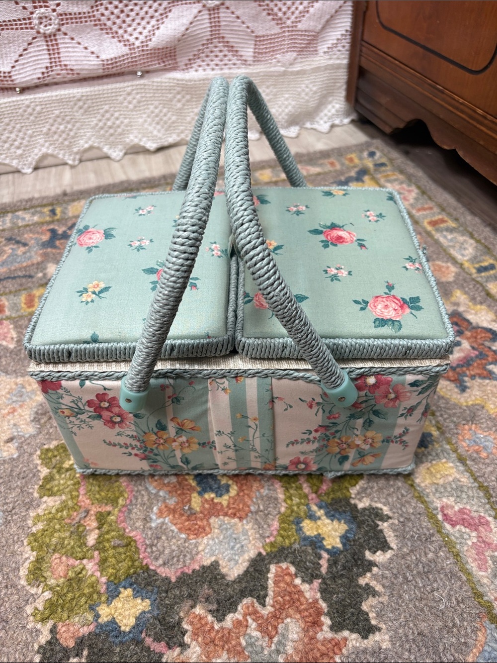 Vintage Floral Sewing Basket Cottagecore Craft Storage